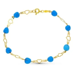 Pulsera Primera Comunión Oro 18k niña 19 cm. piedras turquesas combin