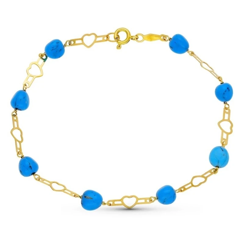 Pulsera Primera Comunión Oro 18k niña 19 cm. piedras turquesas combin