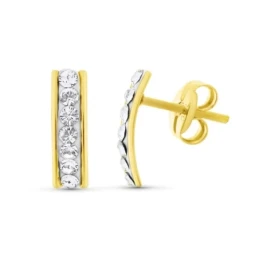 Pendientes Oro Bicolor 18k niña 9 mm. barra vertical circonitas