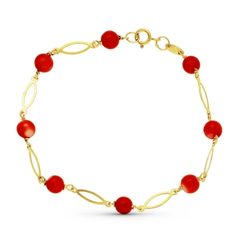 Pulsera Primera Comunión Oro 18k niña coral fino japonés 5 mm. combin