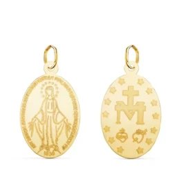 Virgen Milagrosa Medalla Oro 18k láser 23 mm. ovalada brillo