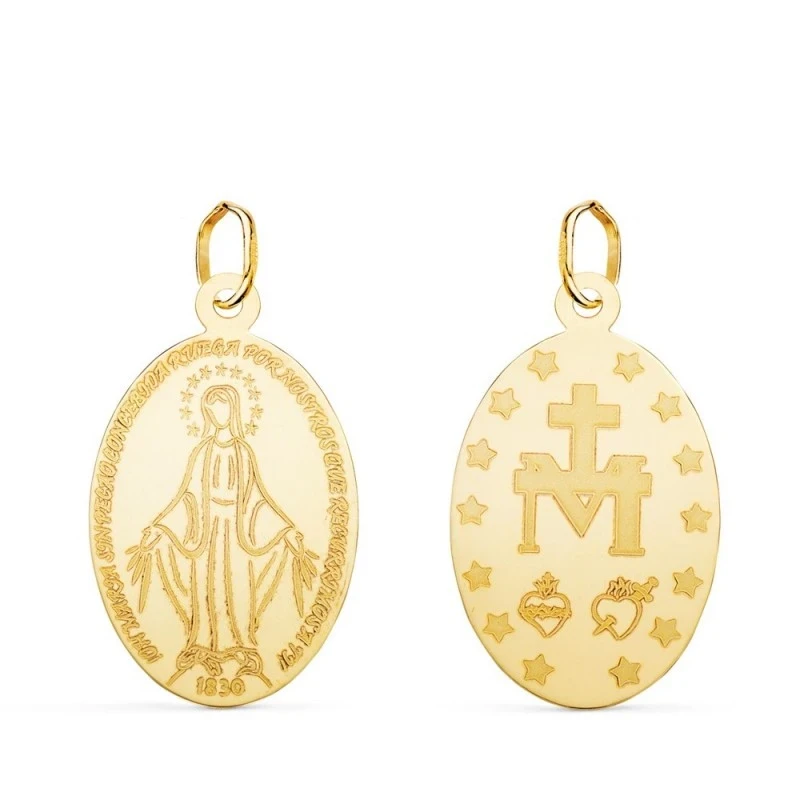Virgen Milagrosa Medalla Oro 18k láser 23 mm. ovalada brillo