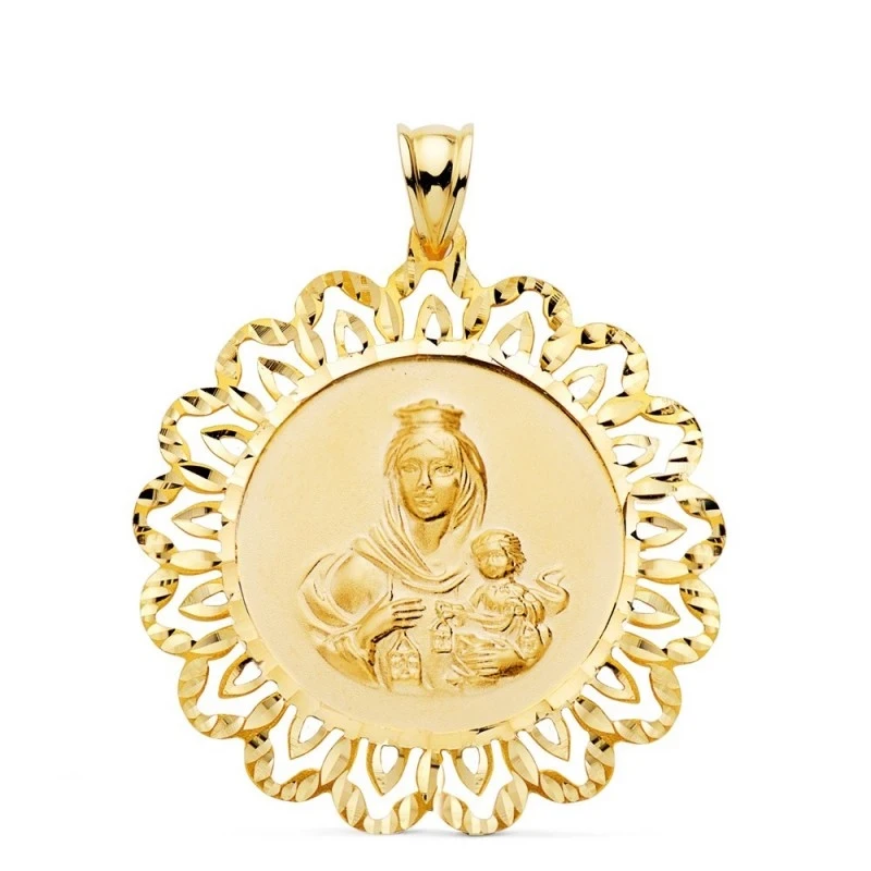 Virgen del Carmen Medalla Oro 18k tallada 34 mm. cerco calado formas