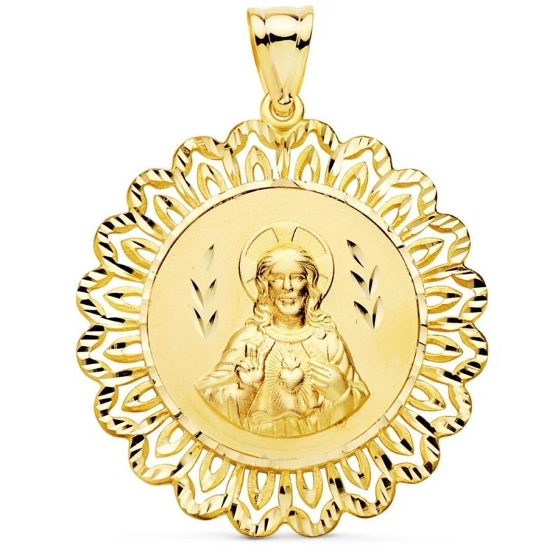 Corazón de Jesús Medalla Oro 18k tallada 37 mm. cerco filigrana calad