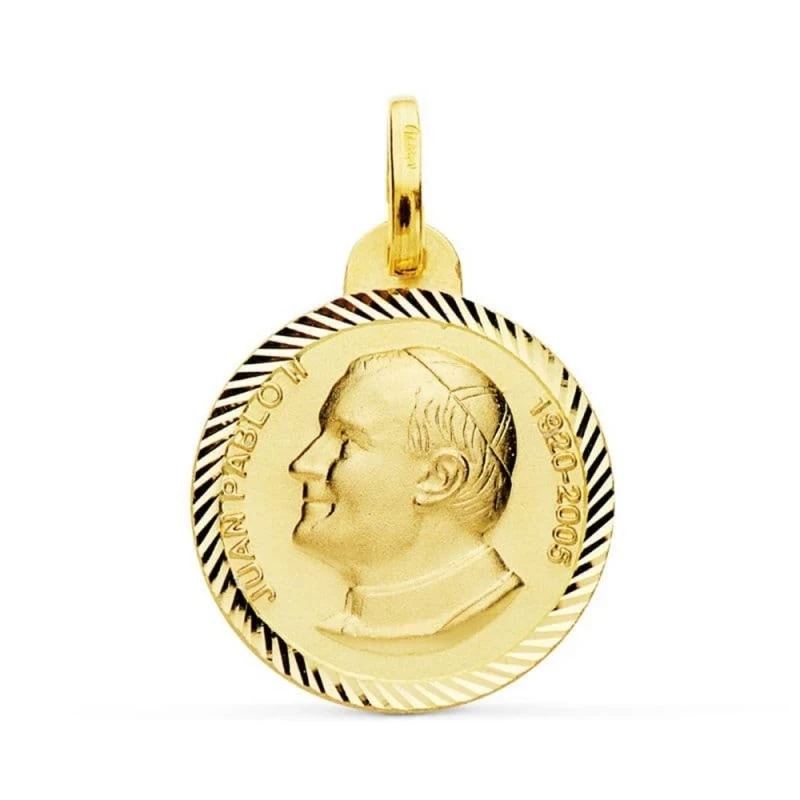 San Juan Pablo II Medalla Oro 18k tallada 20 mm. borde hélice. Grabac