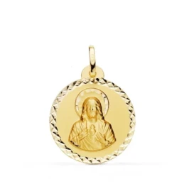 Sagrado Corazón de Jesús Medalla Oro 18k tallada 22 mm. cruzada. Grab