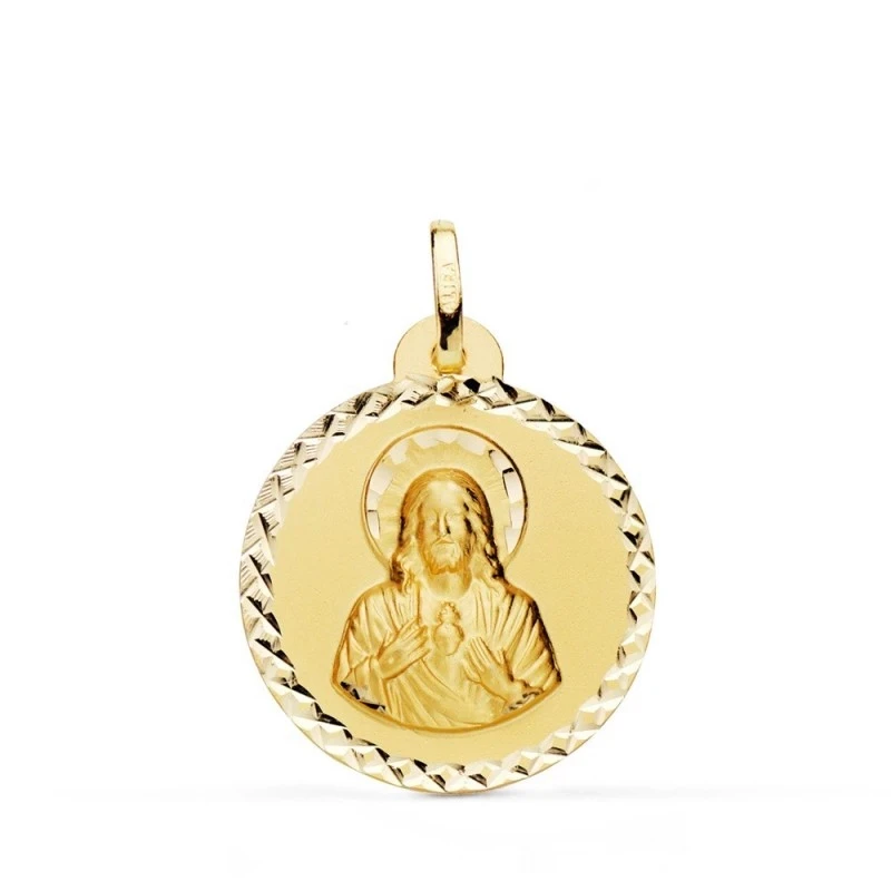 Sagrado Corazón de Jesús Medalla Oro 18k tallada 22 mm. cruzada. Grab
