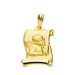 Ángel Burlón Pergamino Colgante Oro 18k brillo 20 mm.. Grabación incl