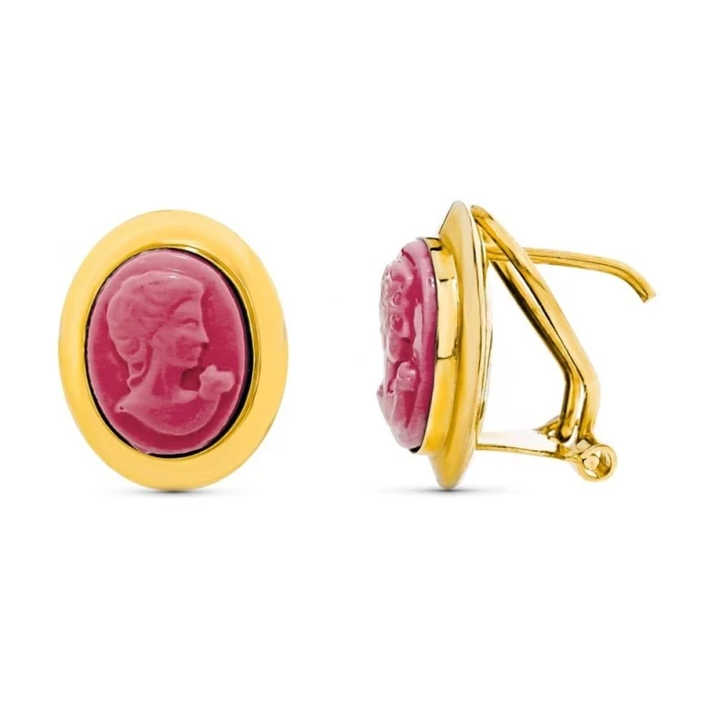 Camafeo Pendientes Oro 18k mujer 10 mm. coralina ovalado