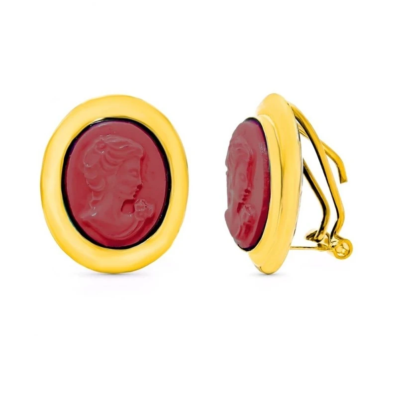 Camafeo Pendientes Oro 18k mujer coral ovalado