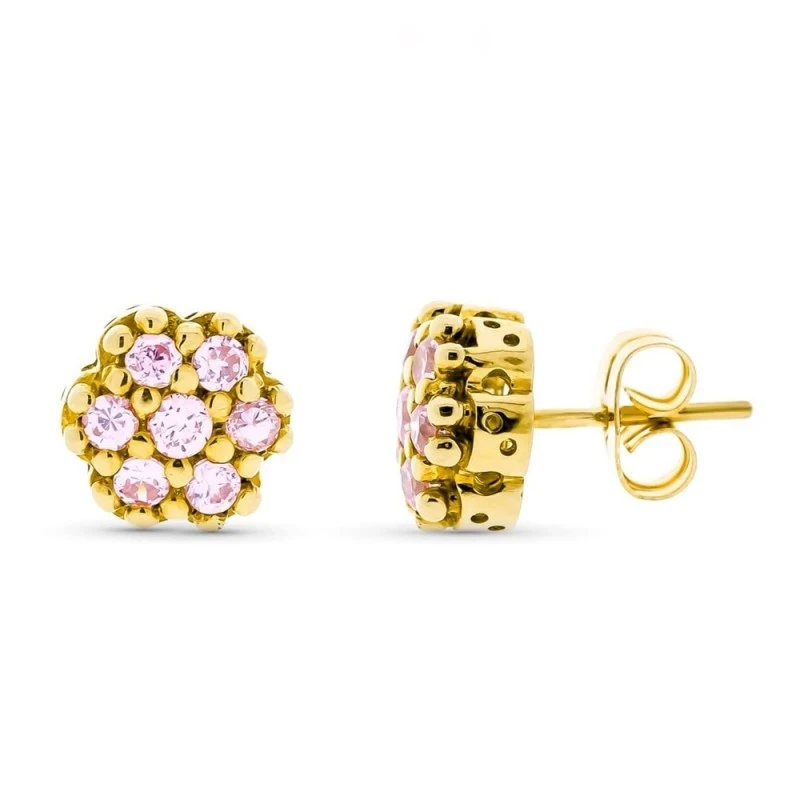 Pendientes Oro 18k mujer 9 mm. circonitas color rosa