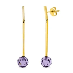 Pendientes Largos Oro 18k mujer bola piedra amatista 8 mm.
