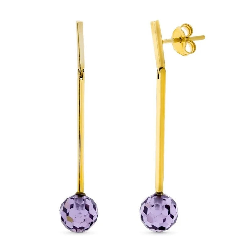 Pendientes Largos Oro 18k mujer bola piedra amatista 8 mm.