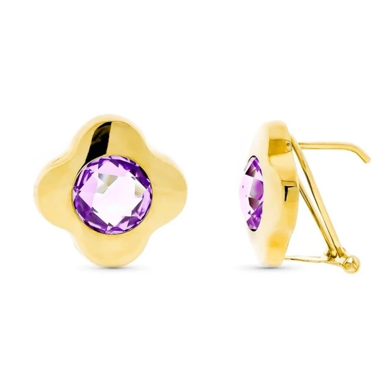 Pendientes Oro 18k mujer 15 mm. piedra amatista centro 8 mm.