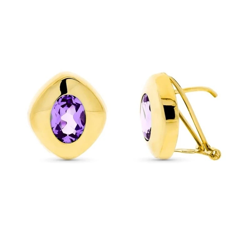 Pendientes Oro 18k mujer 8 mm. piedra amatista ovalada centro