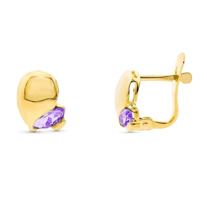 Pendientes Oro 18k mujer forma lisa combinada piedra amatista