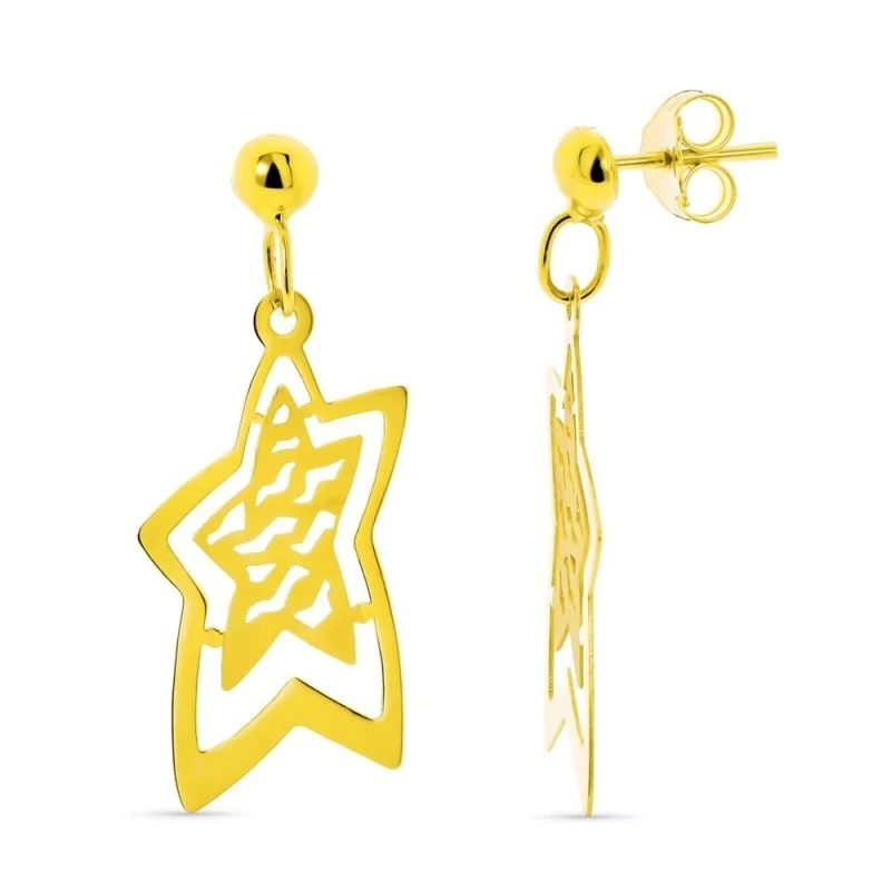 Pendientes Largos Oro 18k mujer forma estrella calados mate brillo