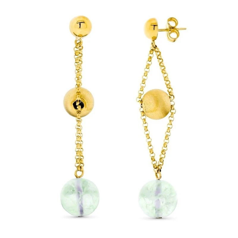 Pendientes Largos Oro 18k mujer cadena bola centro combinada color ve