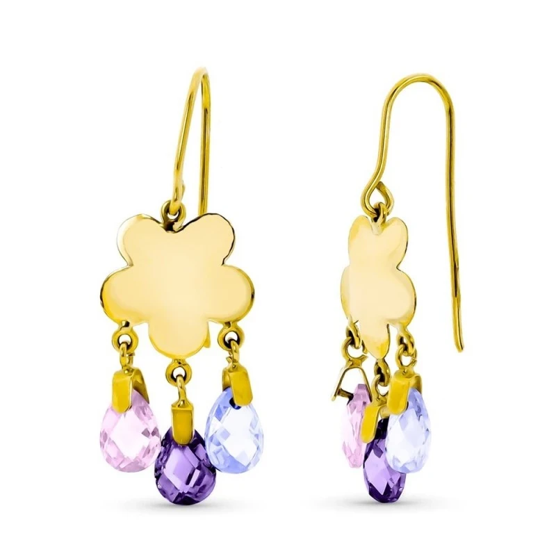 Pendientes Largos Oro 18k mujer flor lisa tres piedras combinadas for
