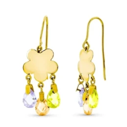 Pendientes Largos Oro 18k mujer flor lisa tres piedras colores combin