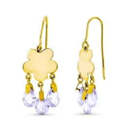 Pendientes Largos Oro 18k mujer flor lisa tres piedras color malva fo