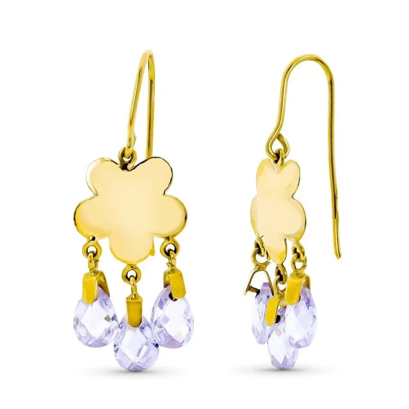 Pendientes Largos Oro 18k mujer flor lisa tres piedras color malva fo