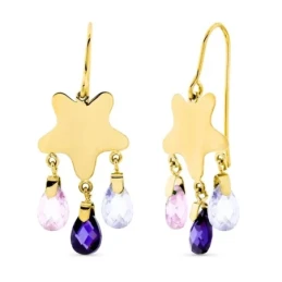 Pendientes Largos Oro 18k mujer estrella lisa tres piedras colores co