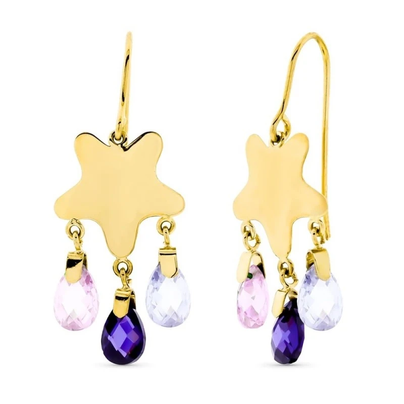 Pendientes Largos Oro 18k mujer estrella lisa tres piedras colores co