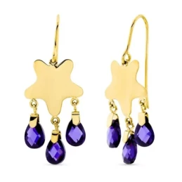 Pendientes Largos Oro 18k mujer estrella lisa tres piedras amatista