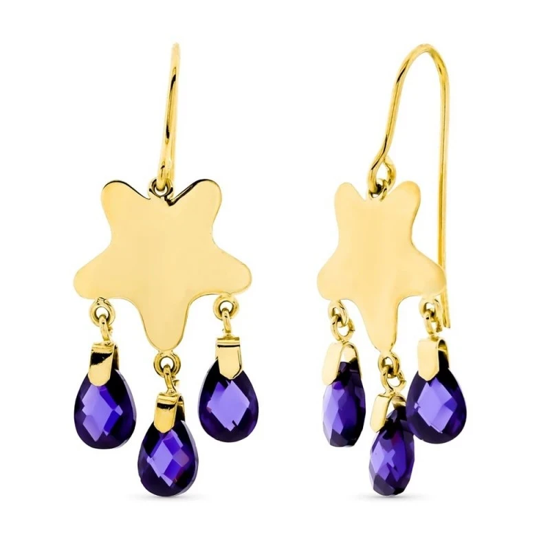 Pendientes Largos Oro 18k mujer estrella lisa tres piedras amatista