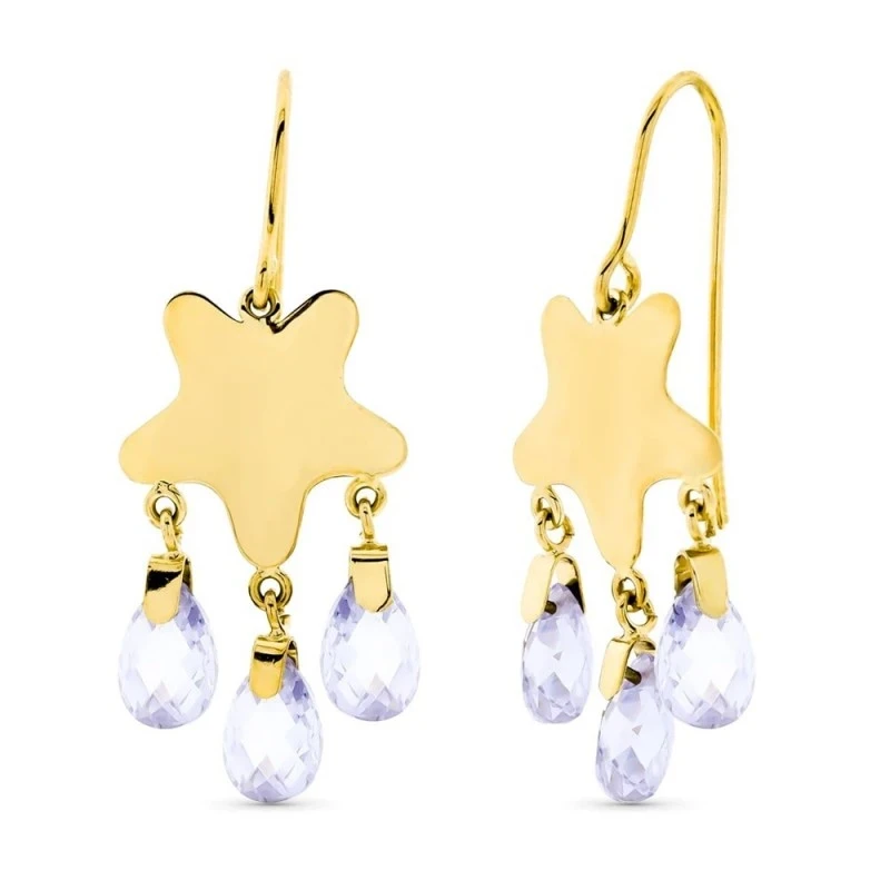 Pendientes Largos Oro 18k mujer estrella lisa tres piedras color malv