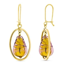 Pendientes Largos Oro 18k mujer ovalados piedra murano 12x8 mm.