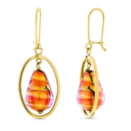 Pendientes Largos Oro 18k mujer ovalados piedra murano dorada rosa 12