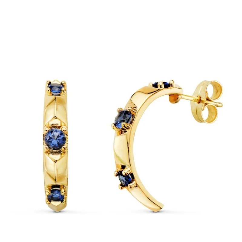 Pendientes Oro 18k mujer 18 mm. bandas lisas piedras color azul