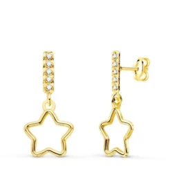 Pendientes Largos Oro 18k mujer 17 mm. estrellas caladas barras circo