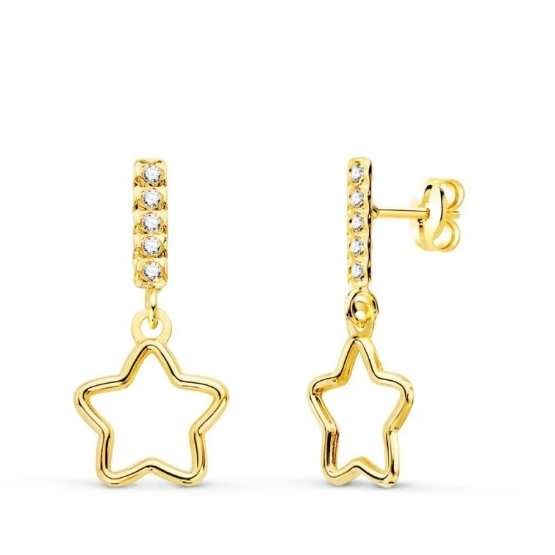 Pendientes Largos Oro 18k mujer 17 mm. estrellas caladas barras circo