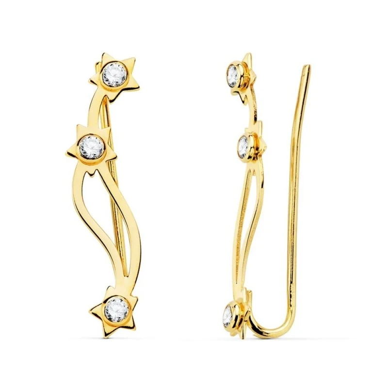 Pendientes Trepadores Oro 18k mujer estrellas lisas circonitas