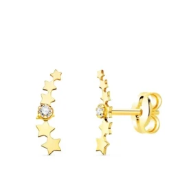 Pendientes Trepadores Oro 18k mujer 10 mm. estrellas lisas circonita
