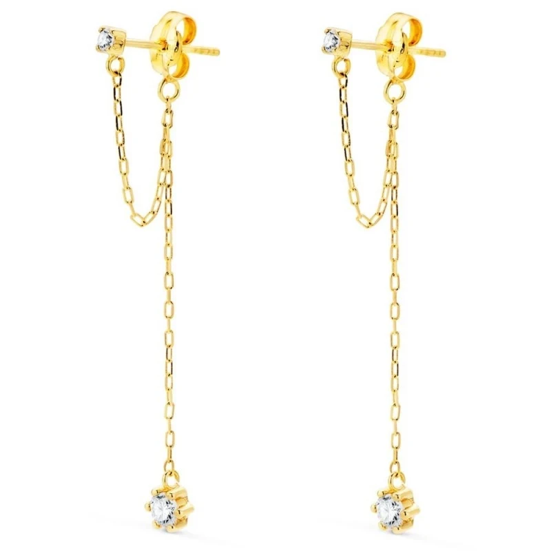 Pendientes Largos Oro 18k mujer 30 mm. doble cadena circonitas