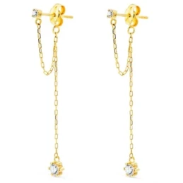 Pendientes Largos Oro 18k mujer 30 mm. doble cadena circonitas