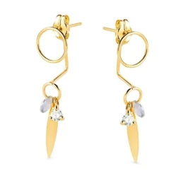 Pendientes Largos Oro 18k mujer 27 mm. círculo calado hoja lisa piedr
