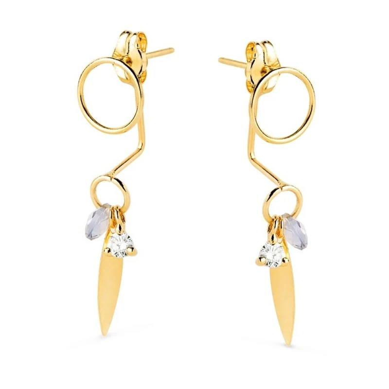 Pendientes Largos Oro 18k mujer 27 mm. círculo calado hoja lisa piedr
