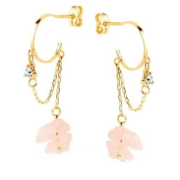 Pendientes Largos Oro 18k mujer 33 mm. medio aro 11 mm. cadena circon