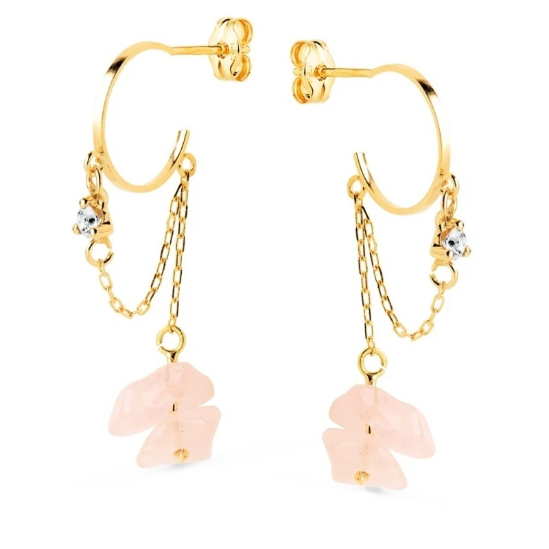 Pendientes Largos Oro 18k mujer 33 mm. medio aro 11 mm. cadena circon