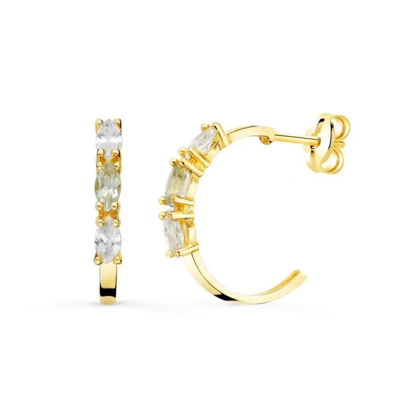 Pendientes Oro 18k mujer 15 mm. medio aro piedra aguamarina