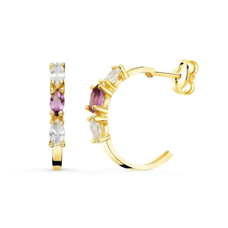 Pendientes Oro 18k mujer 15 mm. medio aro piedra amatista
