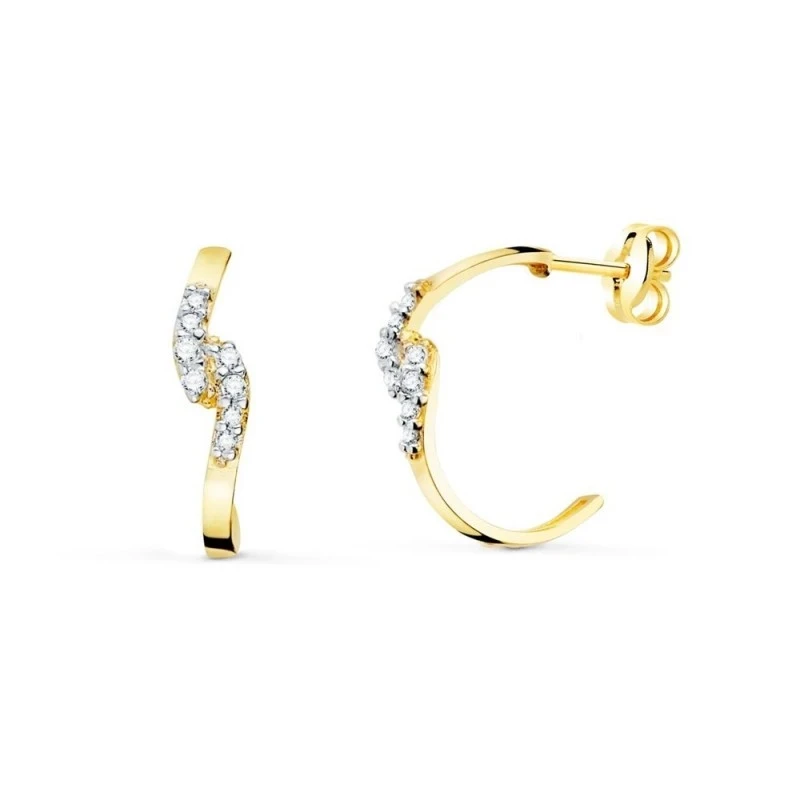Aros Pendientes Oro 18k mujer 15 mm. abiertos dos hilos circonitas an