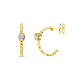 Aros Pendientes Oro 18k mujer 13 mm. bolas aguamarina centro ancho 3