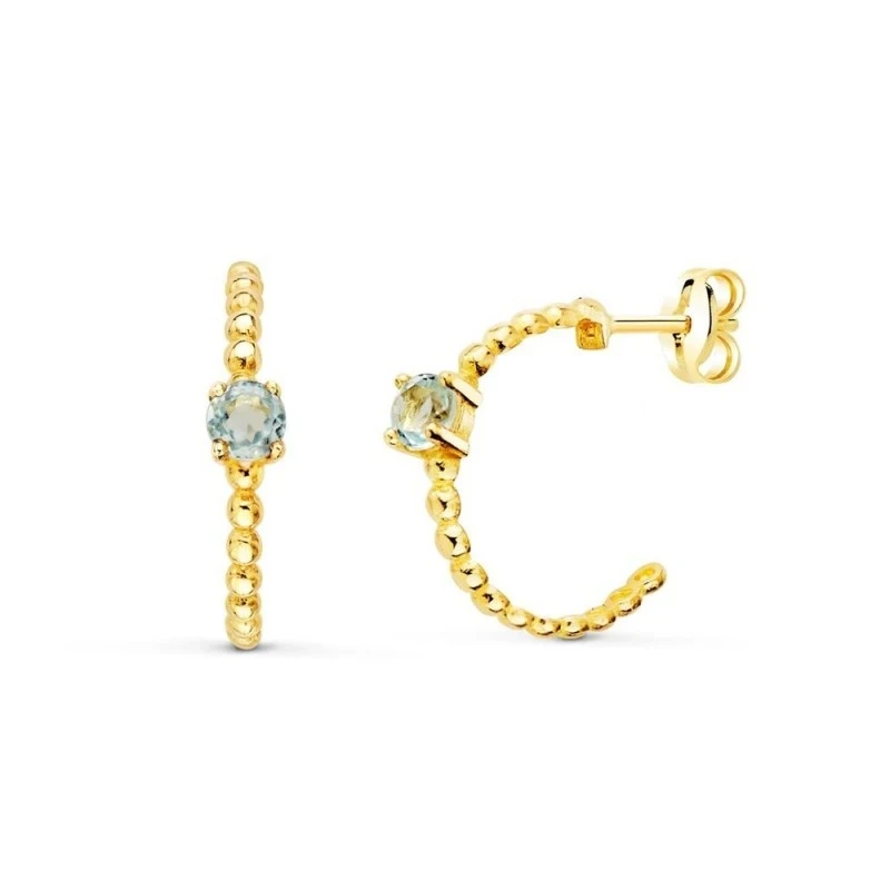 Aros Pendientes Oro 18k mujer 13 mm. bolas aguamarina centro ancho 3