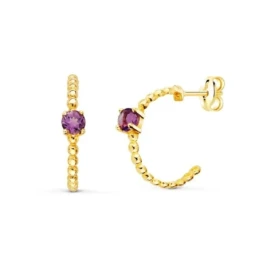 Aros Pendientes Oro 18k mujer 13 mm. bolas amatista centro ancho 3 mm